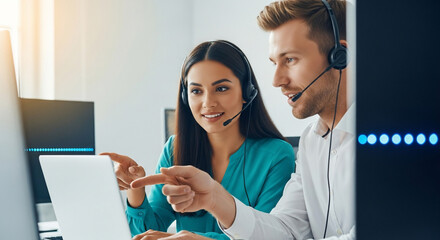 Customer Service Team Collaborating On Laptop With Headsets In A Bright Modern Office Environment