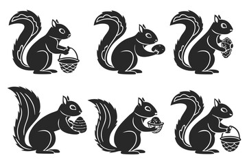 Obraz premium Forest squirrel gathering nuts icon set