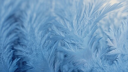 Macro photo of frosty ice patterns with soft focus and blue cold tones. Perfect winter background for seasonal banners, design, copy space, freshness, and natural beauty concepts.