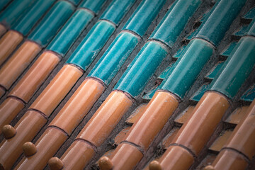 Close up details of an ancient building's roof in Beijing, China, at the Summer Palace. The photo highlights the patterned tiles.