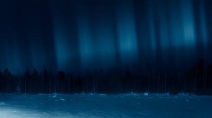 Northern lights (aurora borealis) over dark pine forest in winter night. Atmospheric blue sky with glowing polar light. Natural background for travel, wilderness, mystery and night themes.