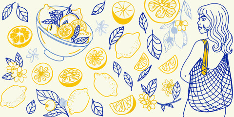 Stylized illustration of a woman with a string bag surrounded by lemons and leaves in yellow and blue