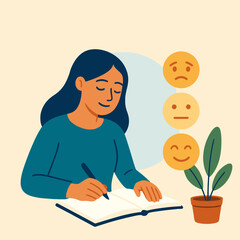 Woman writing in mood journal at desk and smiling