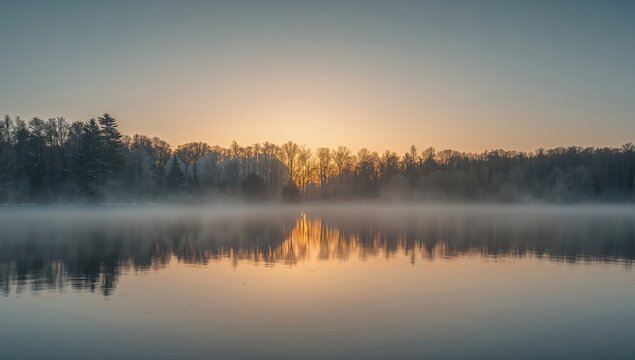 Dawns Embrace. A Serene Waterscape with Silhouetted Trees and Mystical Fog. - Powered by Adobe
