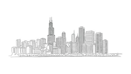 Naklejka premium Cityscape Silhouette: A detailed pen and ink depiction of a bustling metropolis, the skyline dominated by iconic skyscrapers, conveying a sense of urban dynamism and architectural prowess.