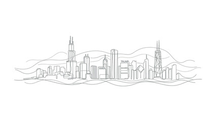 Fototapeta premium Urban Skyline Silhouette: An artistic line drawing depicts a sprawling city skyline, portraying an intricate array of architectural elements and capturing the essence of a modern urban landscape.