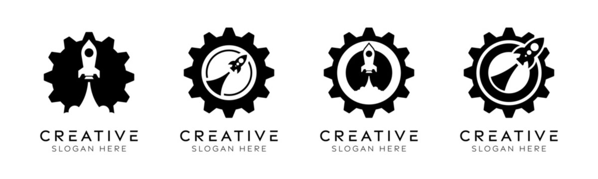 Set of rocket gear logo design templates. Modern isolated rocket gear design for manufacturing, engineering, and innovation.