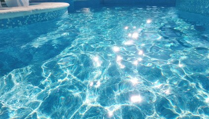 Sparkling, vibrant turquoise pool water reflects sunlight in a captivating display of summer serenity.