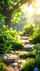 Sunlit Stone Path - A Serene Garden Escape.
