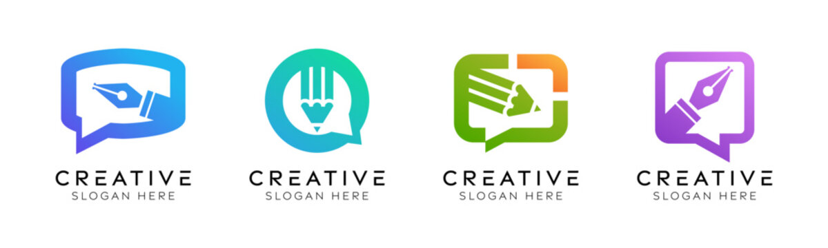 Set of writing speech bubbles logo design templates. Modern isolated speech bubbles with pencil or pen design for communication, creativity and education.