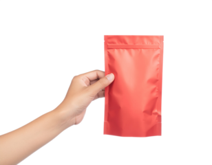 Hand holding red stand up pouch packaging for food products isolated on transparent background