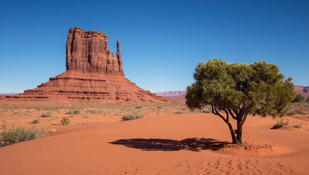Desert Monolith with Solitary Tree, Sunlit Red Sands and Deep Blue Sky.