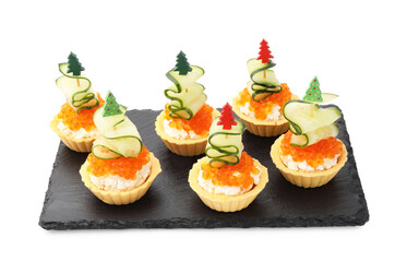 Tasty tartlets with red caviar and cucumber isolated on white. Christmas appetizer