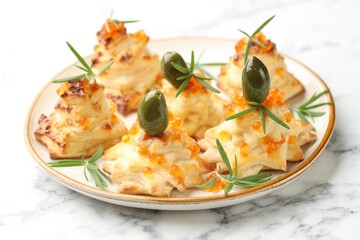 Tasty snacks with puff pastry, olives, red caviar and rosemary on white marble table, closeup. Christmas appetizer