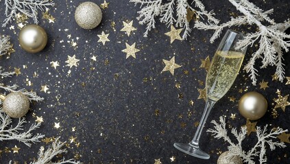 Gold and White Celebration Layout Ornaments, Stars, and Sparkling Champagne.