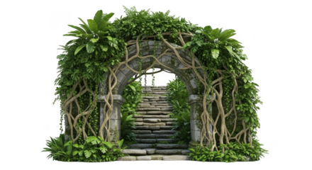 Mysterious enchanted archway entrance with stone stairs and lush greenery unveiled isolated on transparent background