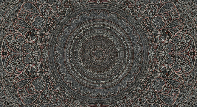Detailed gray mandala pattern with concentric circles and intricate floral ornamentation around the edges ai generated