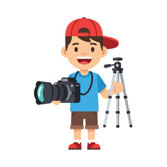 Young Photographer Cartoon Boy with Camera and Tripod