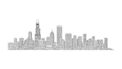 Fototapeta premium Chicago Skyline in Silhouette: The cityscape of a prominent metropolis, meticulously rendered in stark monochrome, presents a striking silhouette.