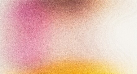 A vibrant abstract background featuring a soft, blurred color gradient of bright pink, golden yellow, and warm brown, fading to off-white. The entire image has a prominent grainy or noise texture