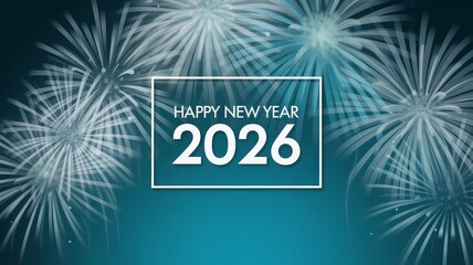 Happy New Year 2026 with fireworks display in the background.