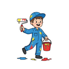Cartoon Painter Boy with Roller and Paint Bucket Illustration