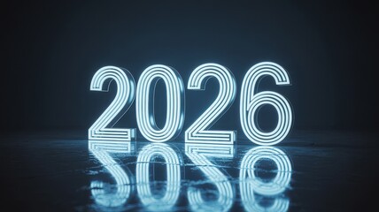 A futuristic glowing neon blue number 2026 reflected on a wet surface.