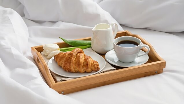 Luxury Hotel Breakfast Tray on White Bedding with Coffee and Cro