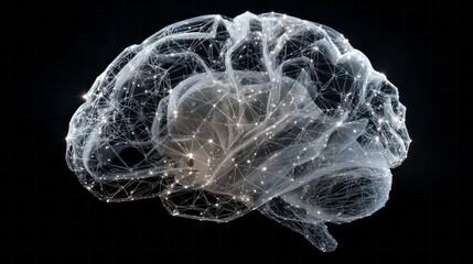 Glowing digital network structure overlays a translucent anatomical representation of the human cerebrum