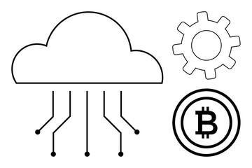 Cloud with network lines, Bitcoin logo, and gear outline representing cryptocurrency, data systems, fintech, blockchain, cloud storage, networking, and decentralized technology as a simple flat