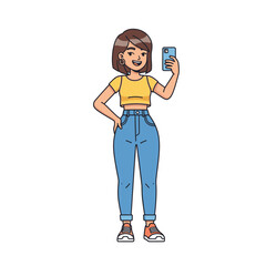 Girl Taking Selfie with Smartphone, Cartoon Illustration