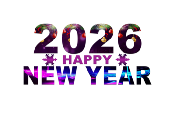 Modern colourful happy new year 2026 celebration.  Glitter ball, ,shining light , neon text effect  for flyer, greeting card, banner,  poster, party invitation or calendar. Transparent Background.