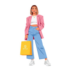 Stylish Woman Illustration Fashion, Blazer, Shopping Bag, Trendy Outfit