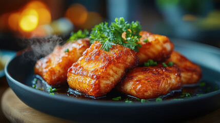 Fototapeta premium Delicious glazed fish fillets served on a plate with fresh herbs