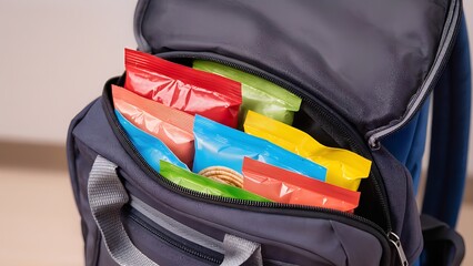 "Portable Pleasures": A dynamic shot of various individual snack bags or containers (generic branding, focused on texture and color) artfully arranged in a reusable lunch bag or backpack.