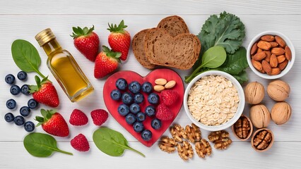 "Nourishing Choices": A beautifully composed flat lay featuring a vibrant array of heart-healthy foods: colorful berries, leafy greens, whole grains, nuts.