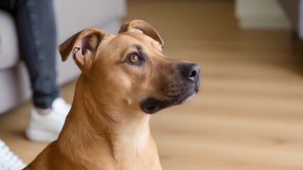 "The Protector's Gaze": A creative composition where a pet, a watchful dog is looking intently towards an unseen human, whose legs or partial silhouette are just visible.