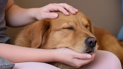 "Comforting Embrace": A heartwarming, close-up shot focusing on the hands of a human gently stroking the soft fur of a content dog or cat. The animal's head is slightly nuzzled into the human's arm.