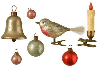 Obraz premium Vintage christmas ornaments collection including a bell, bird, faux candle, and baubles, transparent background