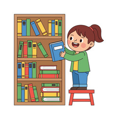 Girl Reading Book, Library, Education, Cartoon Illustration