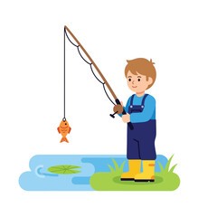 Boy Fishing Cartoon Catching Fish, Kid Angler, Vector Illustration