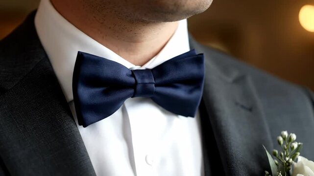Elegant groom in formal tuxedo with navy bow tie at wedding celebration