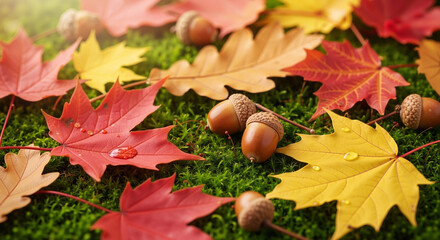 Colorful autumn leaves and acorns on green grass background  