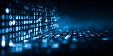 Obraz premium Digital stream of luminous binary code flows across a dark technological surface