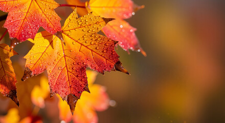 Vibrant autumn maple leaves with droplets against blurred background  
