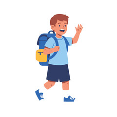 Boy Going to School Happy Student with Backpack Waving Hello