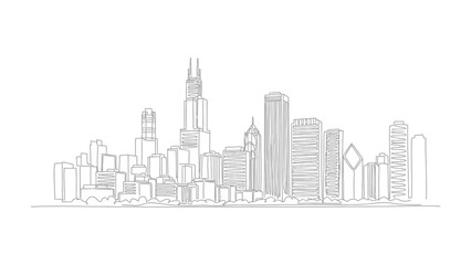 Naklejka premium City Skyline Sketch: An architectural illustration presenting a detailed linear sketch of a bustling metropolis, featuring iconic skyscrapers that define its unique urban character.