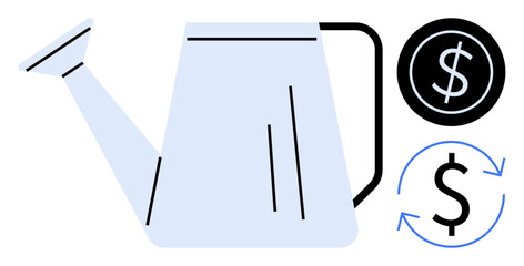 Watering can symbolizes investment growth, paired with dollar icons representing financial returns. Ideal for business, saving, investment, economy, finance, growth entrepreneurship. Simple flat