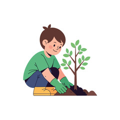 Boy Planting Tree Child Gardening, Eco-Friendly, Environmental Care