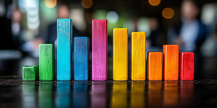 Colorful rainbow bar chart displayed on a wooden surface Generative AI
